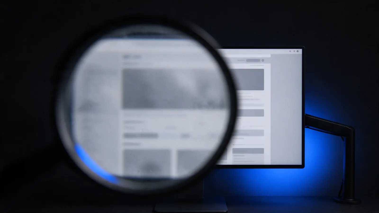 Lupa embaçada diante de um monitor com uma página web de baixo contraste