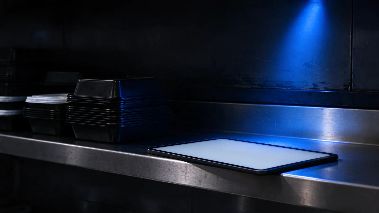 Tablet com a tela acesa sobre a prateleira de inox de uma cozinha escura, ao lado de pilhas de embalagens de delivery, sob luz azul vinda de cima