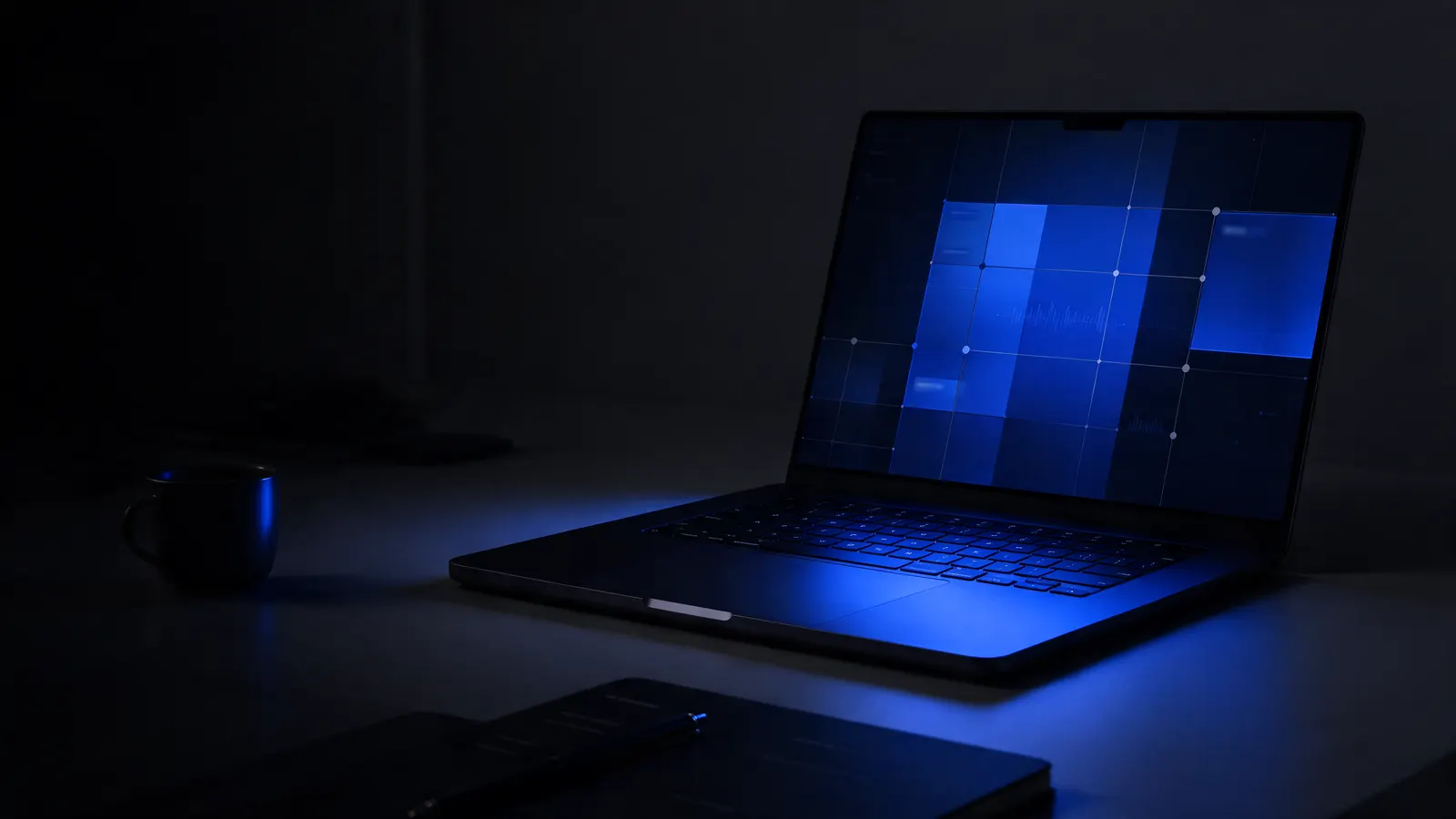 Portátil abierto en una mesa oscura con la pantalla azul dividida en una cuadrícula de bloques, una taza a la izquierda y un cuaderno con bolígrafo en primer plano