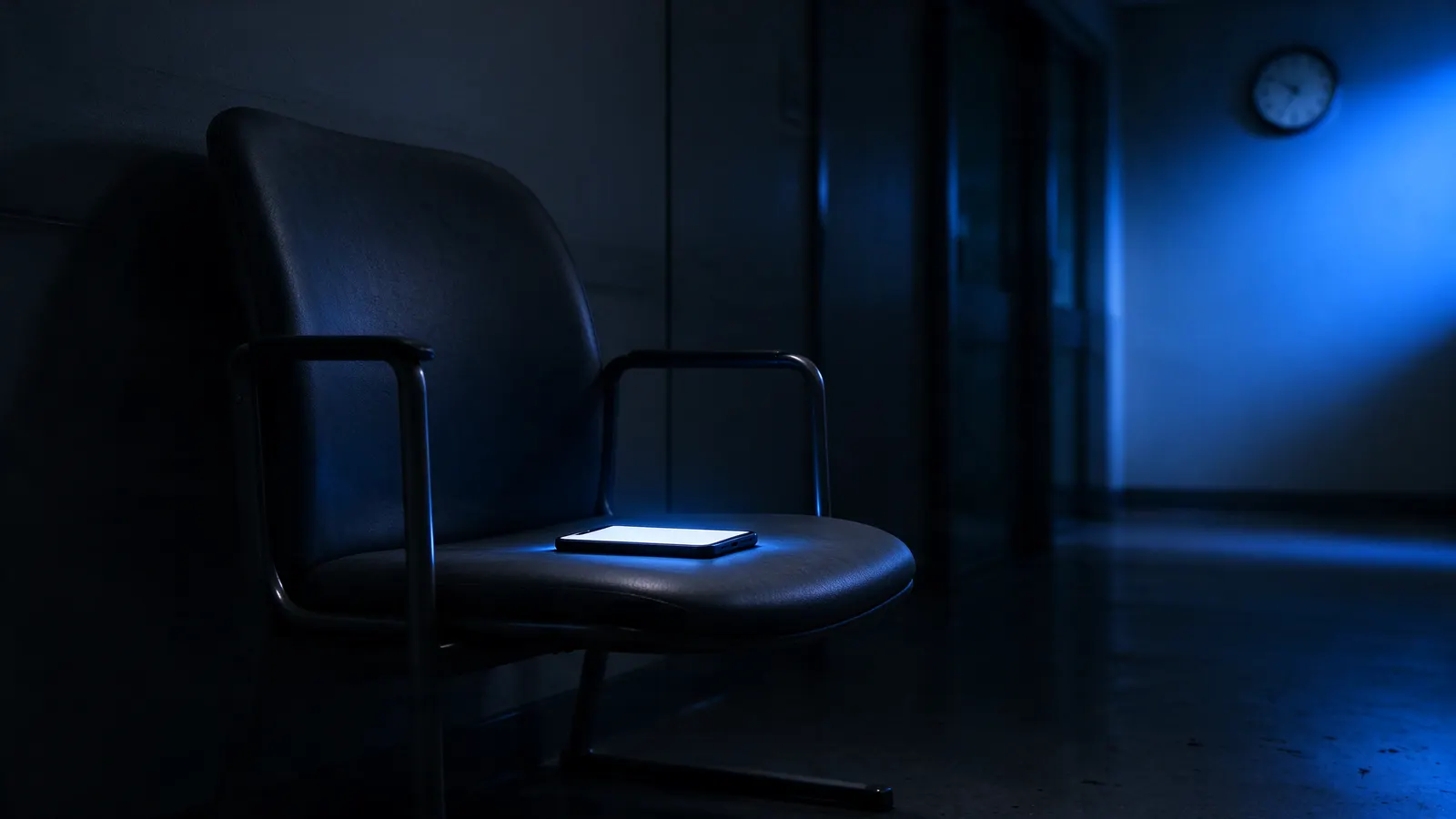 Empty waiting room chair in a dark clinic hallway, with a lit phone on the seat and a wall clock in the background