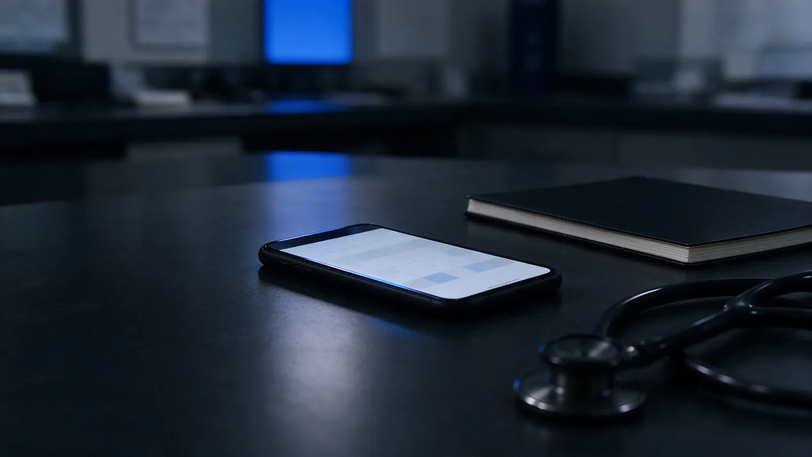 Phone with a scheduling screen lit up on a dark clinic counter, next to a closed notebook and a stethoscope, with blue light in the background