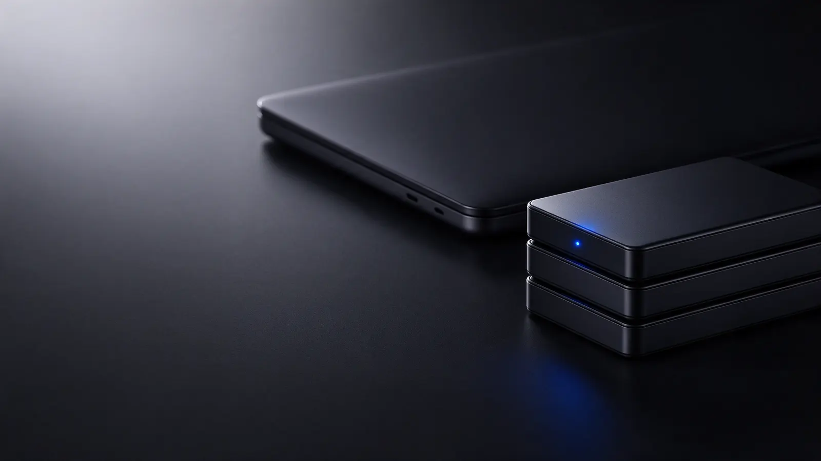 Três discos externos pretos empilhados ao lado de um notebook fechado numa mesa escura, com uma pequena luz azul acesa no disco de cima