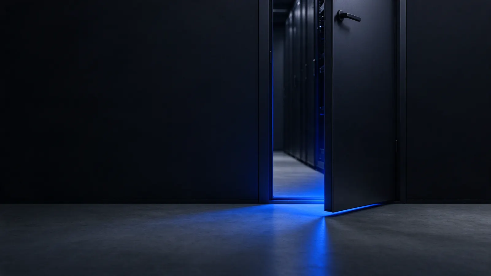 Porta de sala de servidores entreaberta com luz azul saindo