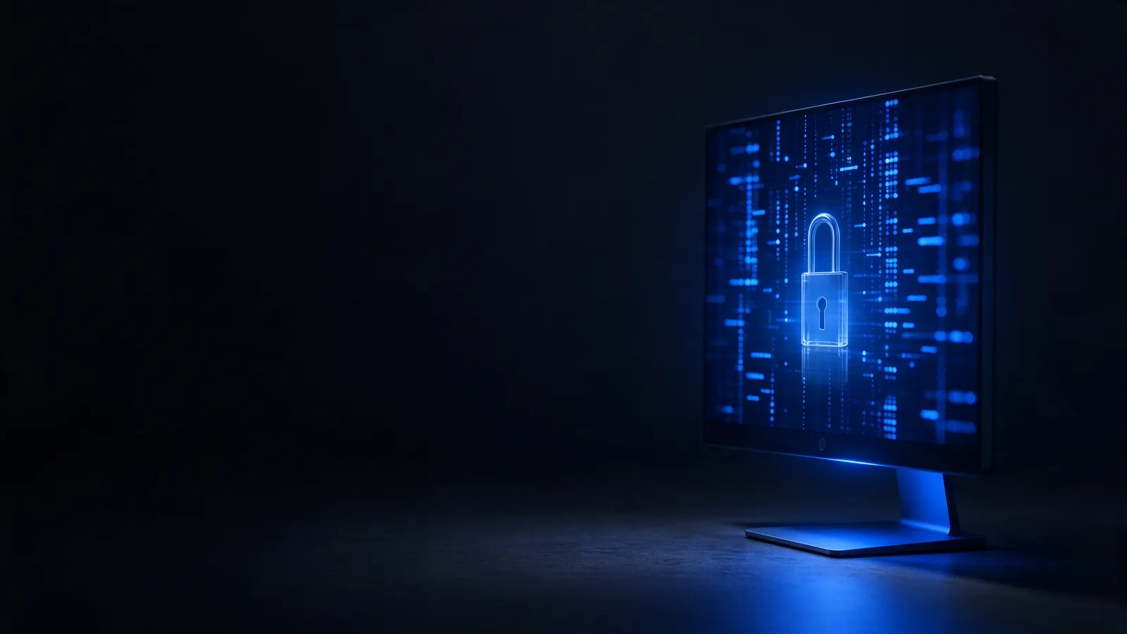 Monitor com terminal de código e o reflexo de um cadeado aberto na tela