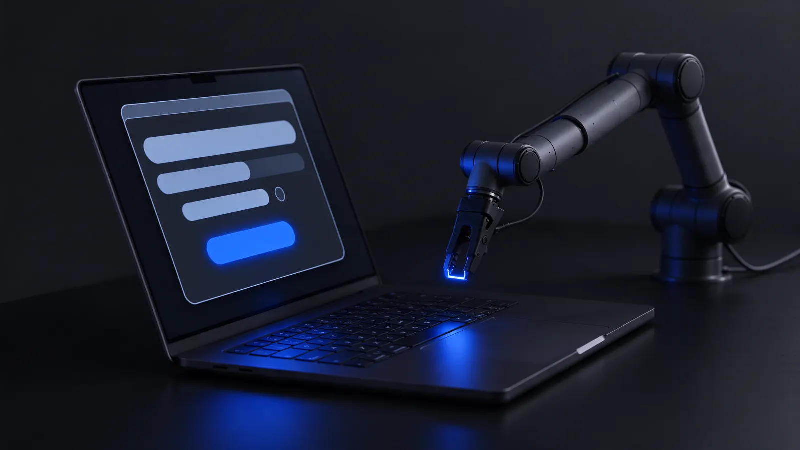 Notebook numa mesa escura com um formulário na tela e um braço robótico parado sobre o teclado, sob luz azul