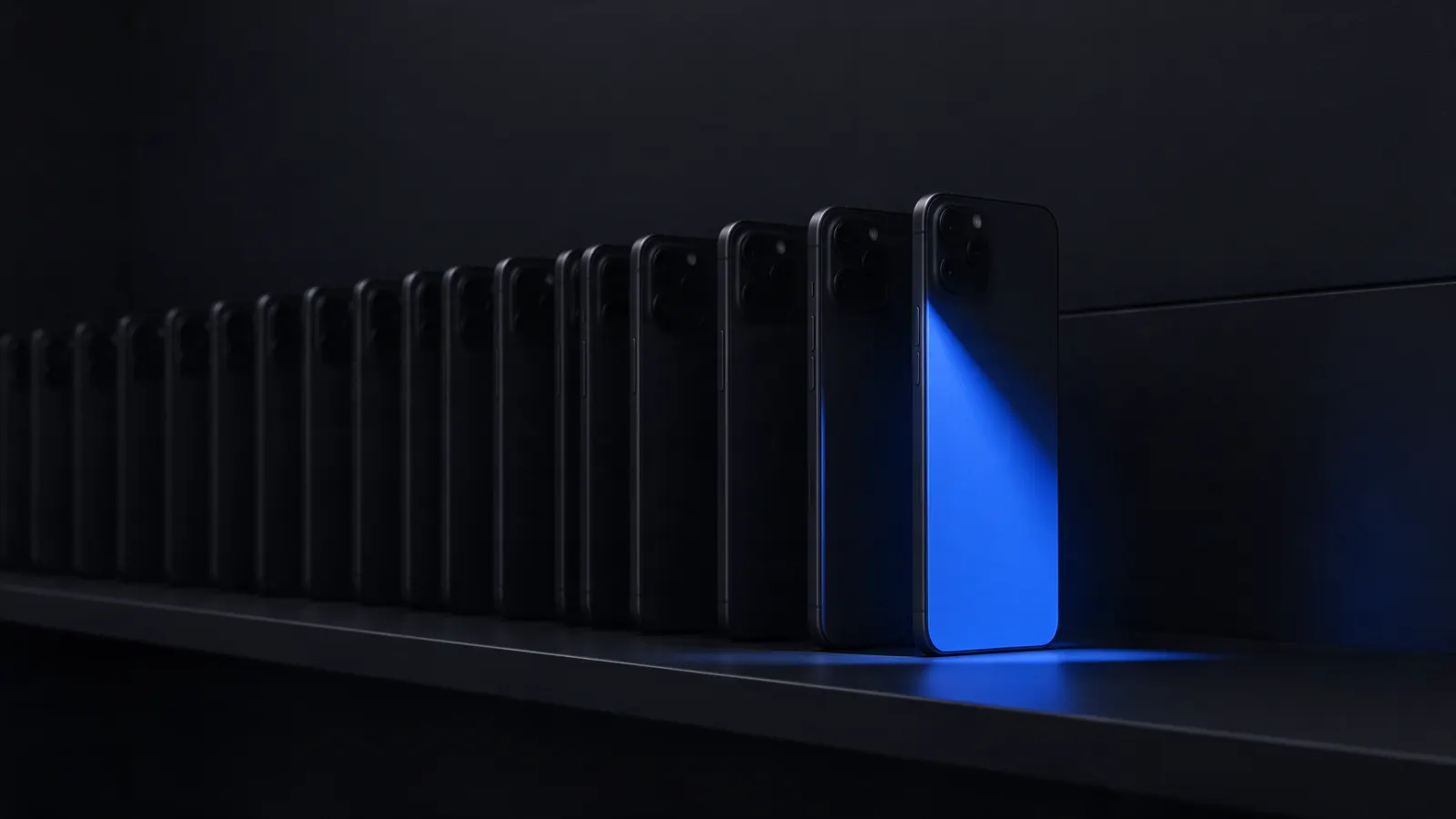 Longa fileira de celulares em pé, vistos por trás, sobre uma prateleira escura, com o primeiro da fila iluminado por um feixe de luz azul
