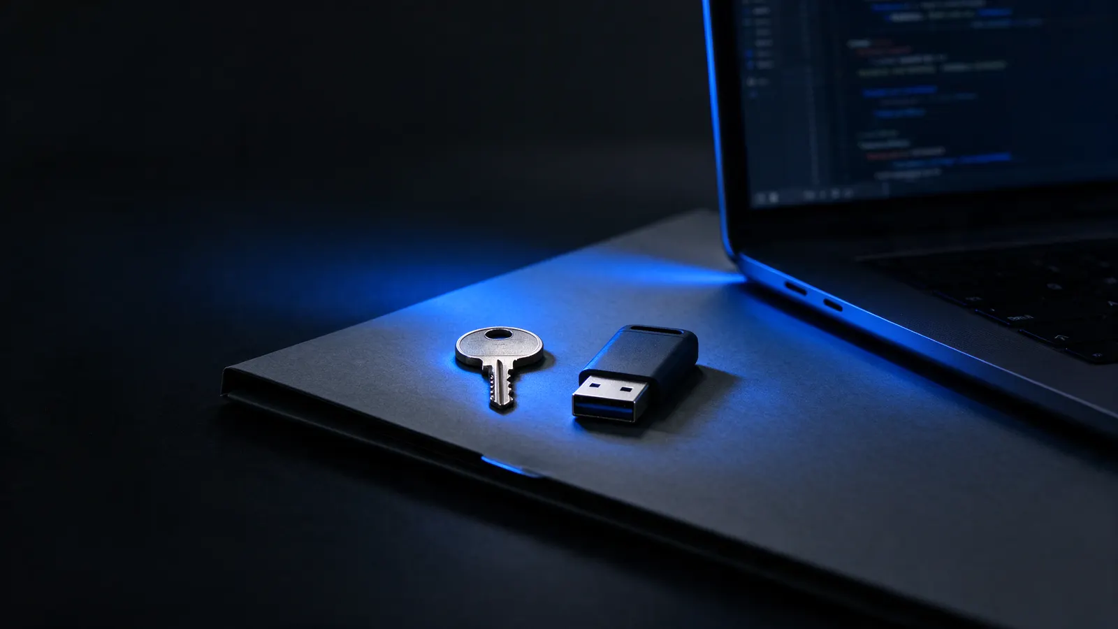 Uma chave de metal e um pendrive sobre uma pasta escura, ao lado de um notebook aberto com código na tela, iluminados por uma luz azul