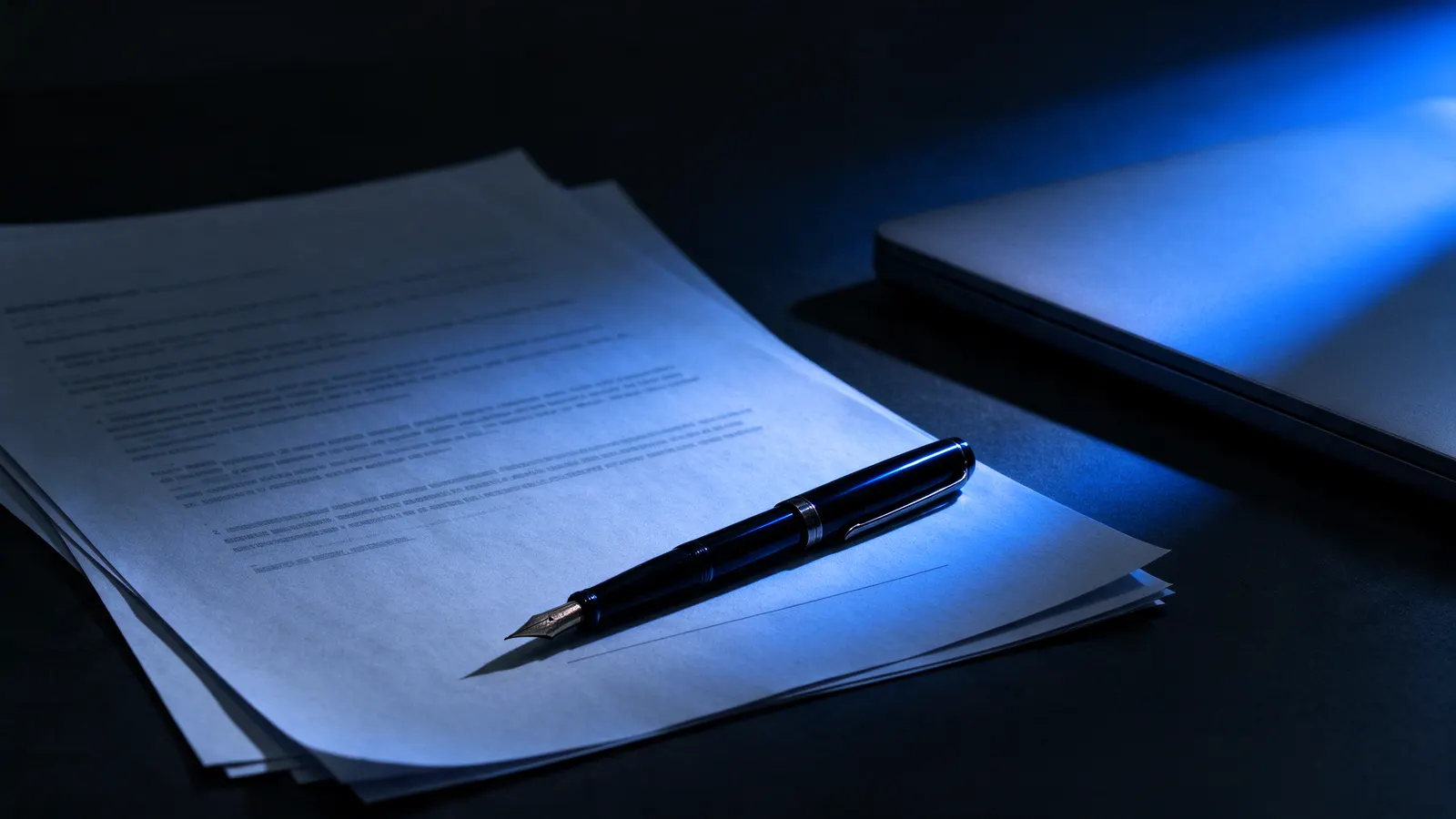 Folhas de um contrato impresso sobre uma mesa escura, com uma caneta tinteiro apoiada perto da linha de assinatura e um notebook fechado ao lado, iluminados por uma luz azul