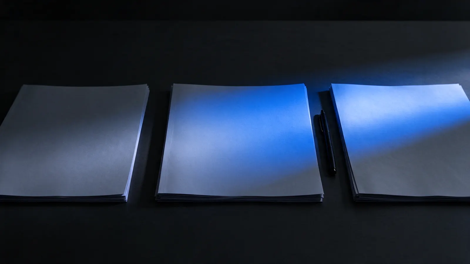 Tres pilas de hojas lado a lado sobre una mesa oscura, con un bolígrafo entre ellas y una franja de luz azul que cruza las dos de la derecha