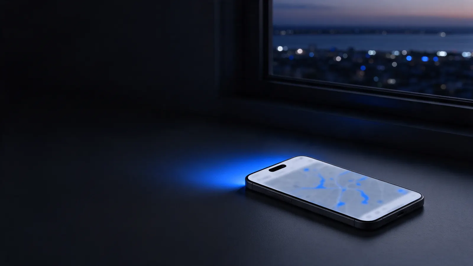 Phone on a dark table showing a blue map, next to a window with the lights of a coastal city at dusk