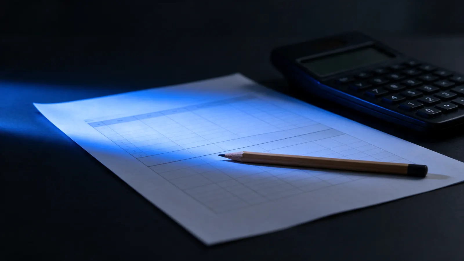 Planilha impressa com lápis e calculadora, uma linha em branco