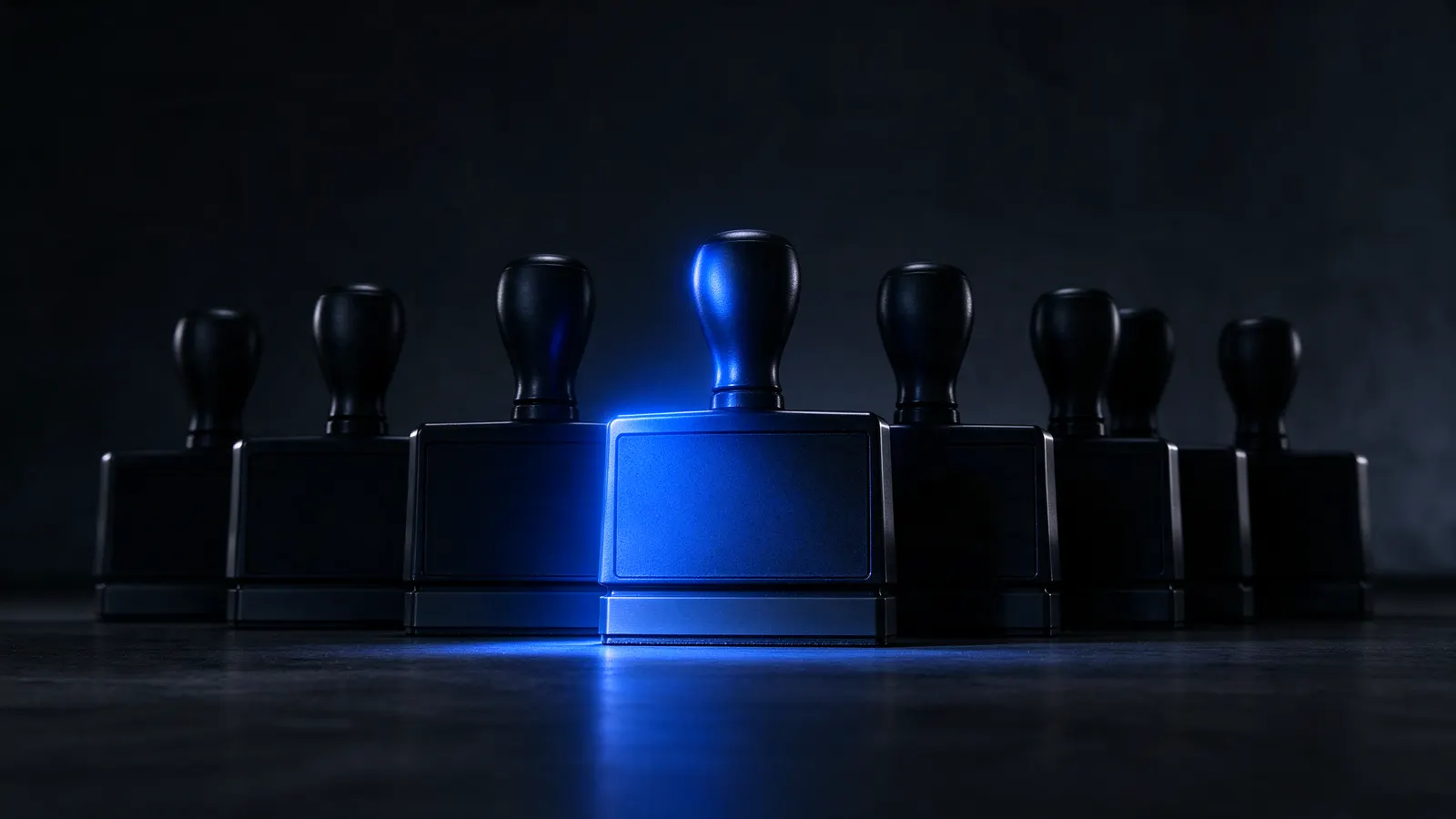 Fileira de carimbos idênticos, um deles iluminado em azul