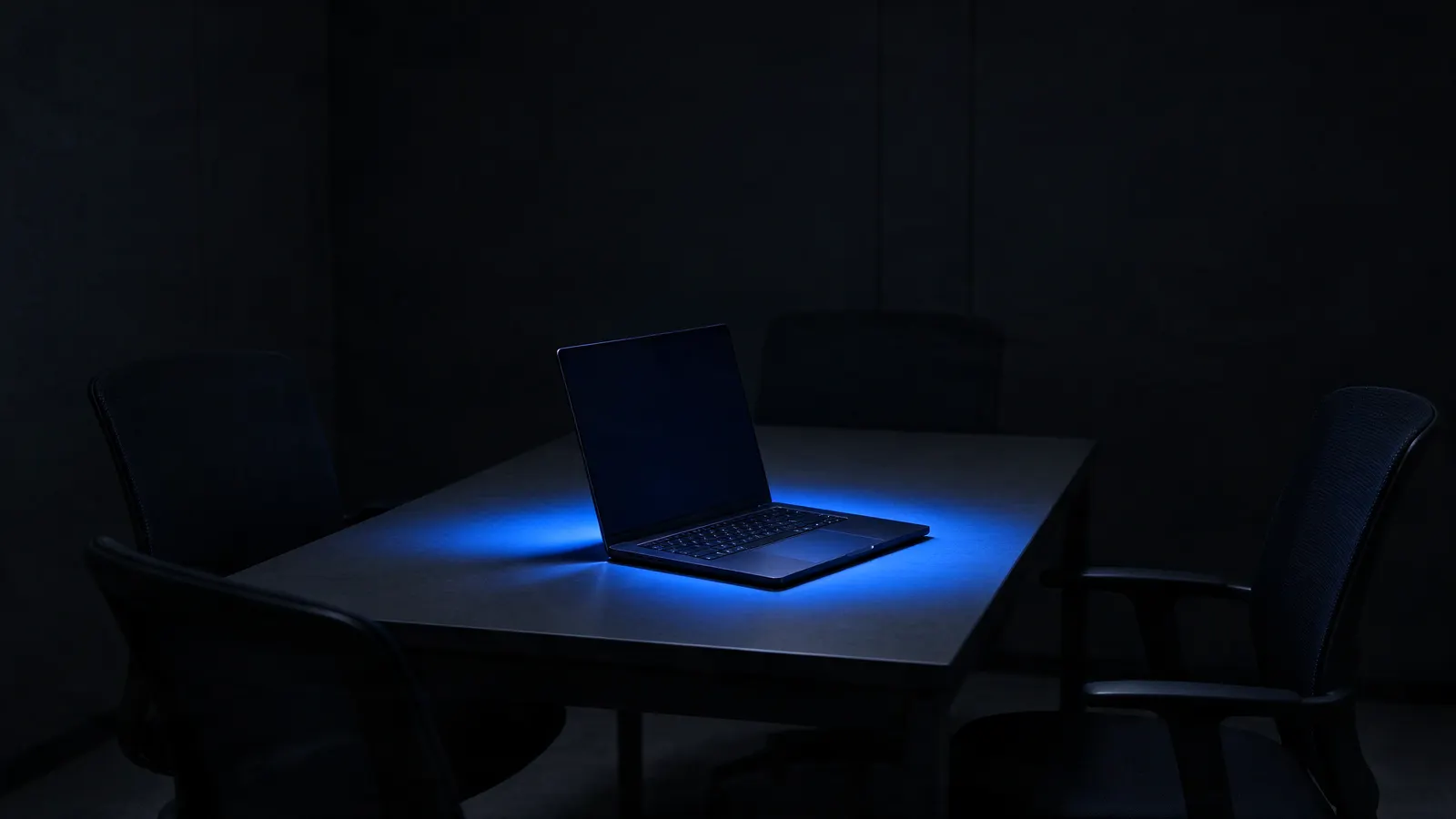 Mesa de reunião pequena com quatro cadeiras e um notebook aberto