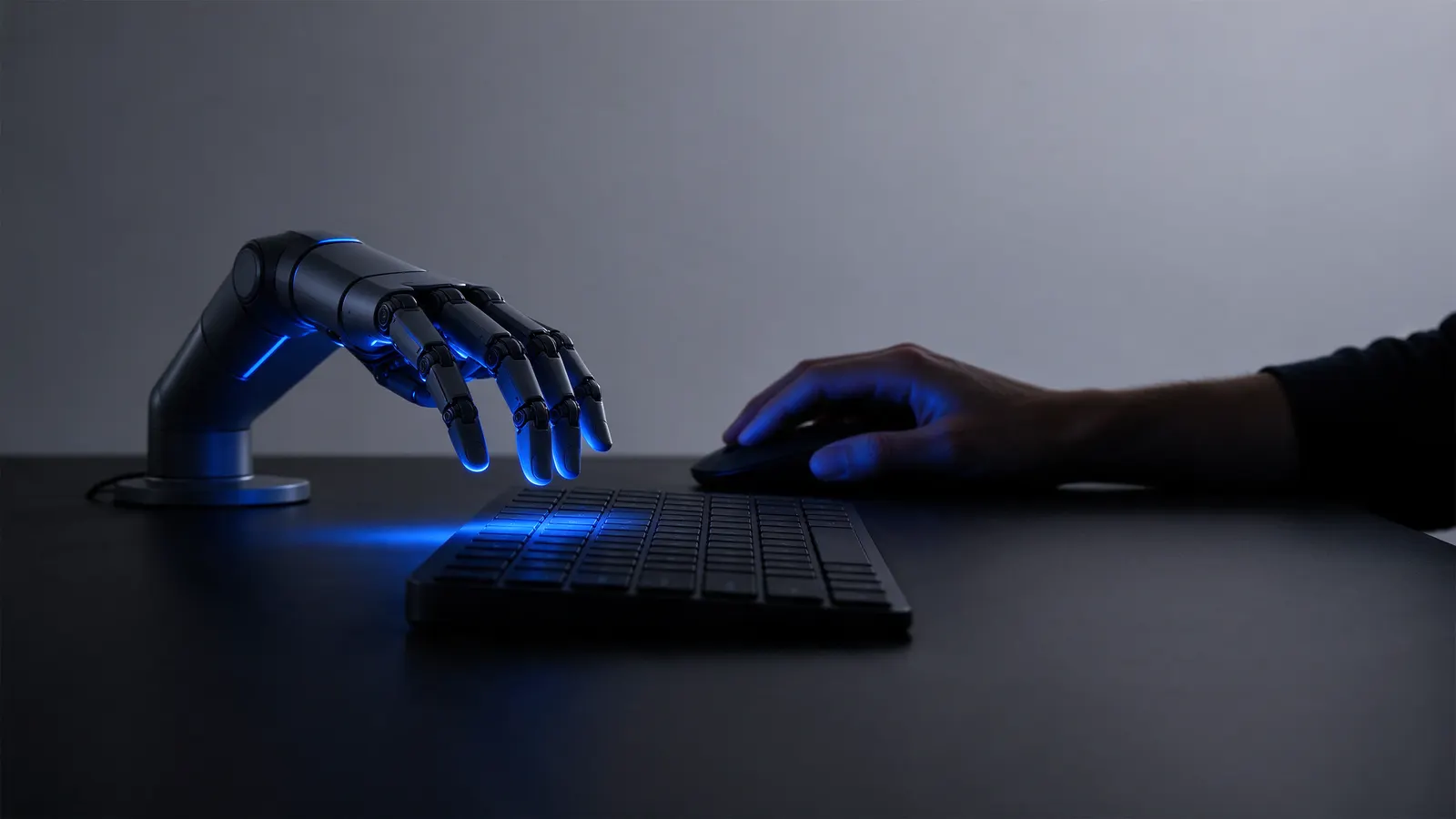 Braço robótico sobre um teclado ao lado de uma mão humana no mouse
