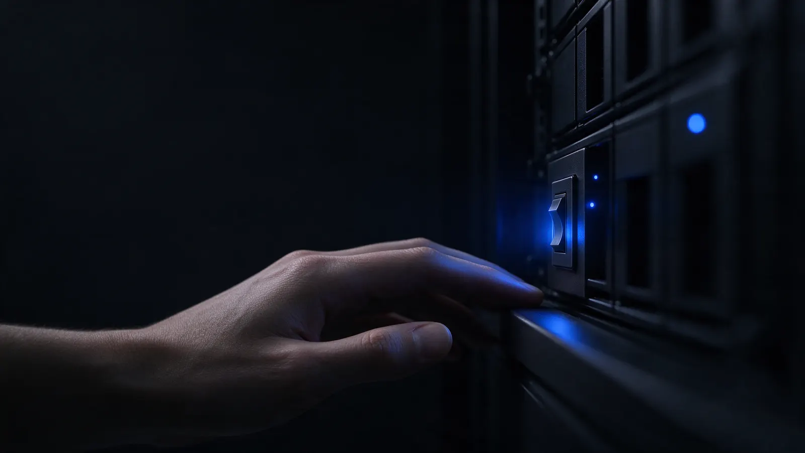 Mão ao lado do interruptor de um rack de servidores com luzes acesas