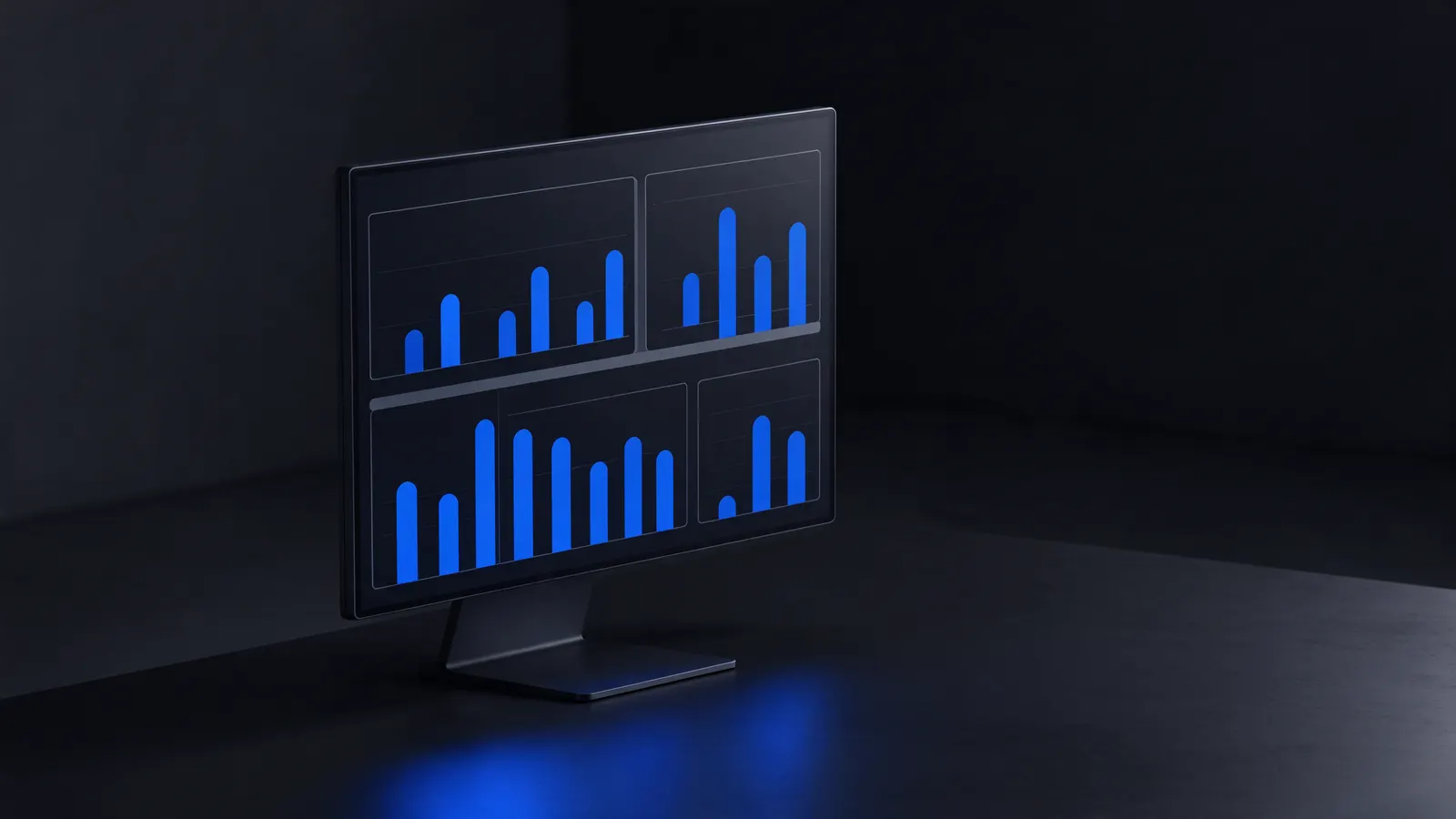 Monitor numa mesa escura com um painel de gráficos vazios em azul