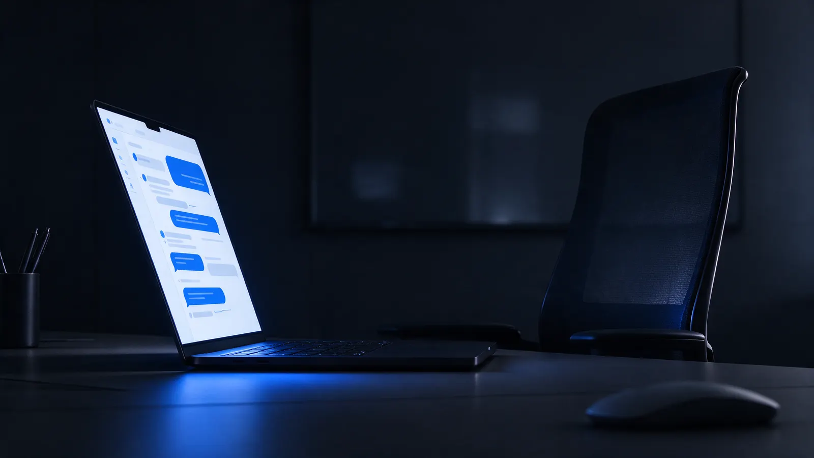 Cadeira de escritório vazia diante de um notebook com uma conversa de IA na tela