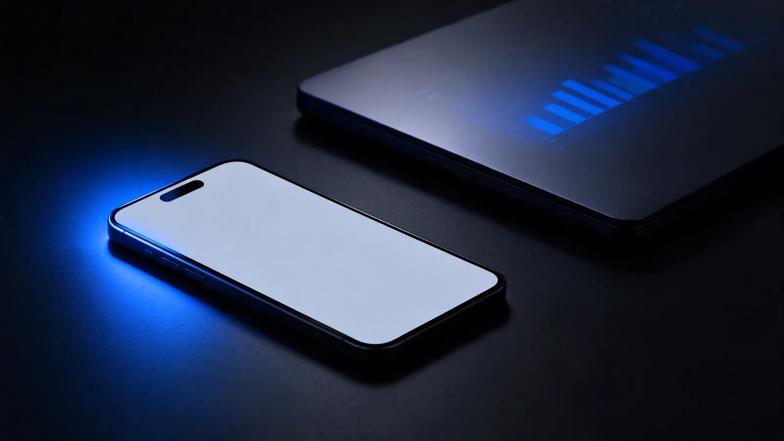 Celular com a tela acesa em azul claro sobre uma mesa preta, ao lado de um notebook fechado que reflete barras azuis de um gráfico