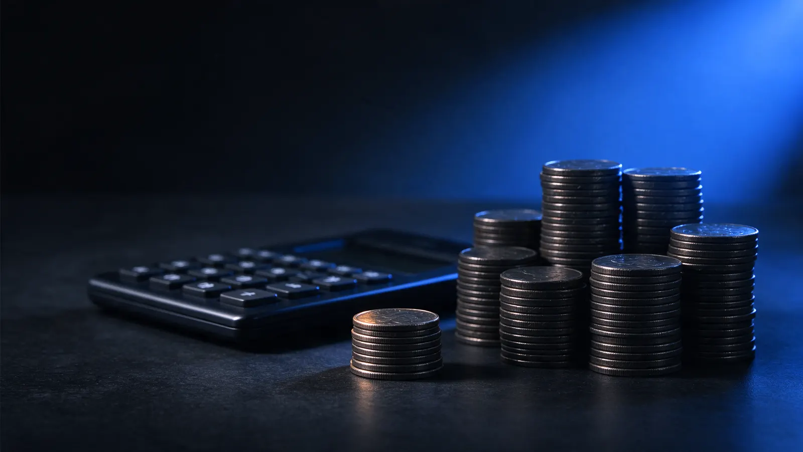 Stacks of coins on a dark table, one small stack in front and several tall stacks behind, next to a calculator, under blue light