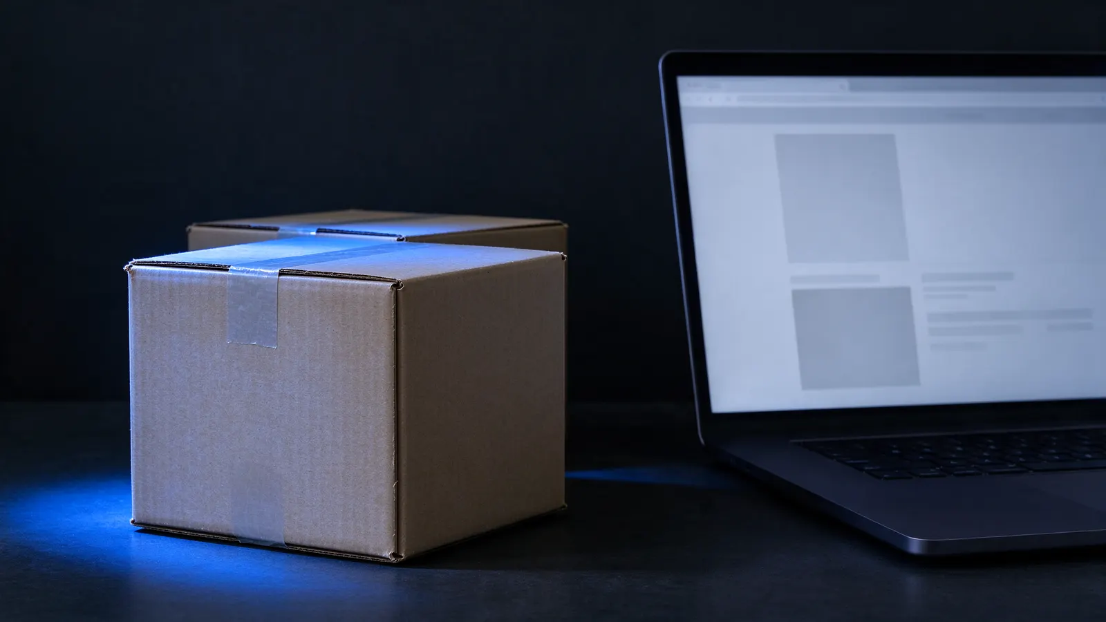 Two taped-up cardboard boxes on a dark table next to an open laptop showing a blank store page, under blue light