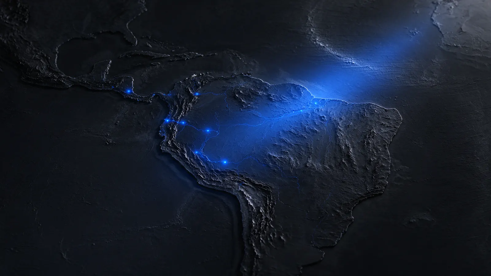 Mapa em relevo da América Latina com pontos de luz nas principais cidades