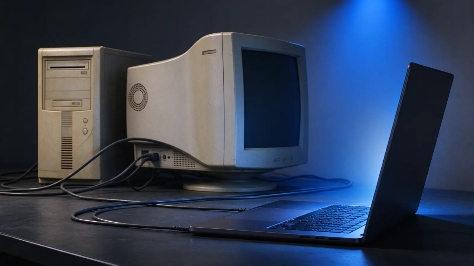 Gabinete de computador bege antigo e monitor de tubo sobre uma mesa escura, ligados por cabos a um notebook moderno iluminado por uma luz azul