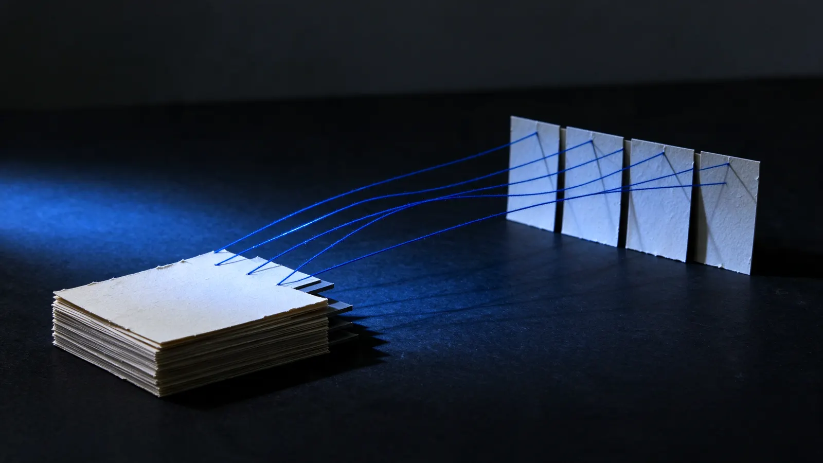 Stack of paper cards linked by blue threads to a row of new cards on a dark table
