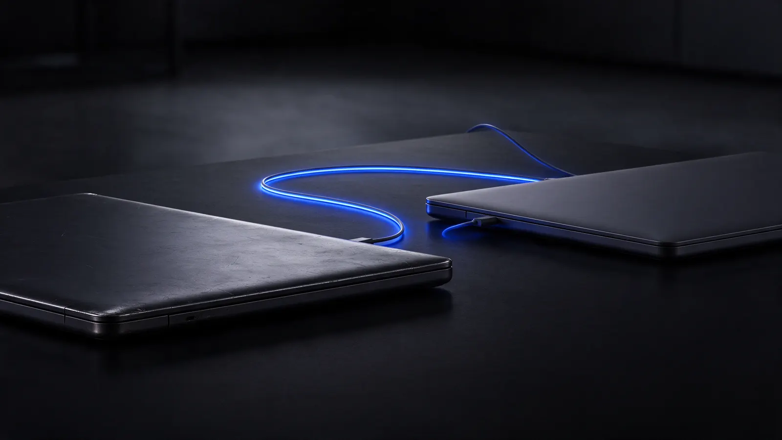 Two closed laptops on a dark table, one older and worn, connected by a cable glowing blue