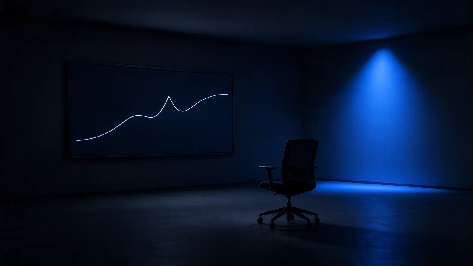 Sala escura e vazia com uma cadeira de escritório virada para uma tela na parede que mostra uma linha de gráfico com um pico