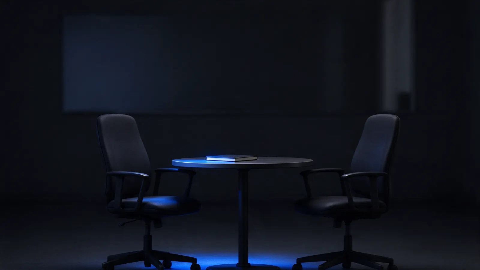 Duas cadeiras frente a frente numa mesa redonda de reunião
