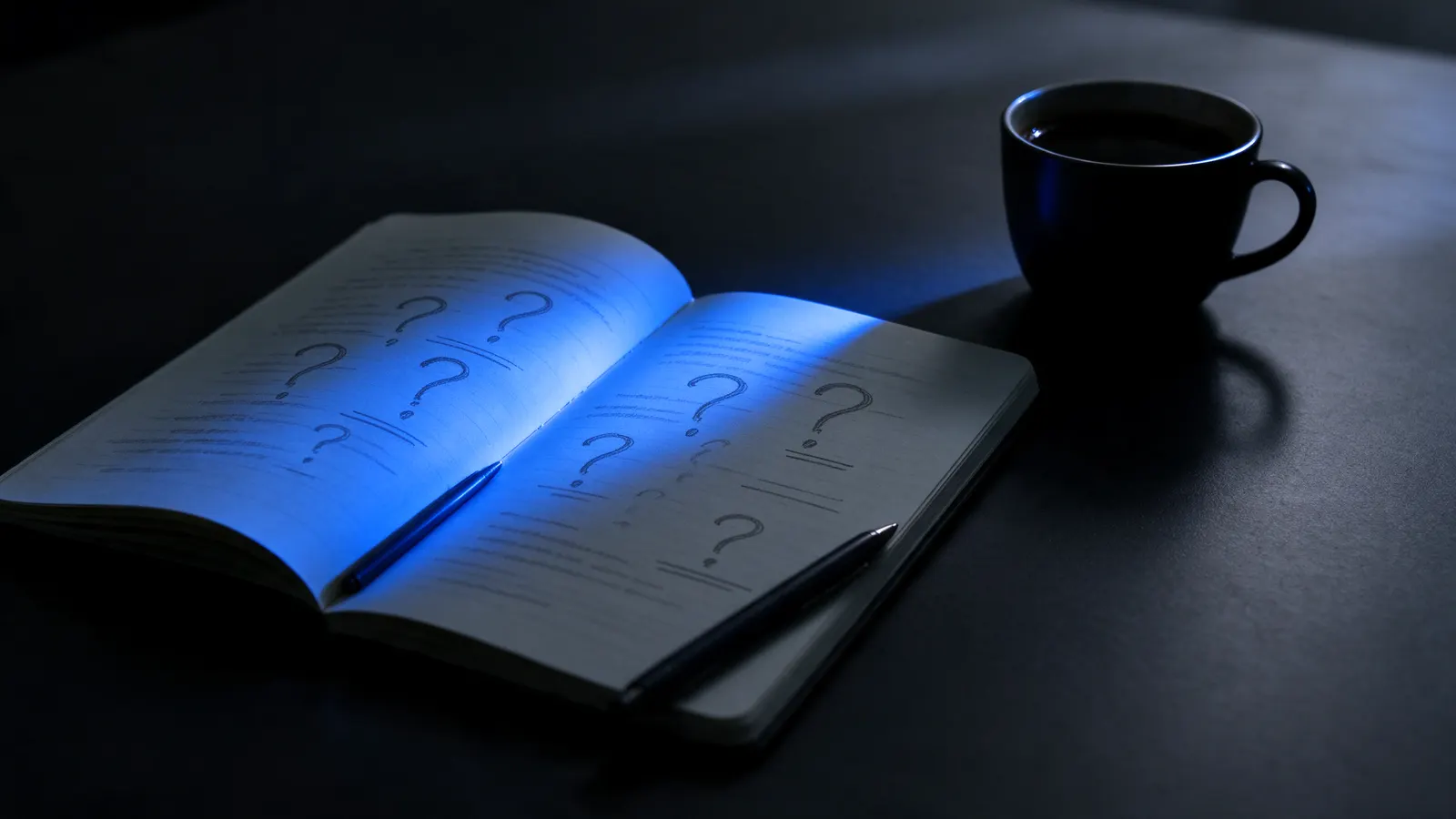 Caderno aberto com pontos de interrogação, caneta e xícara de café