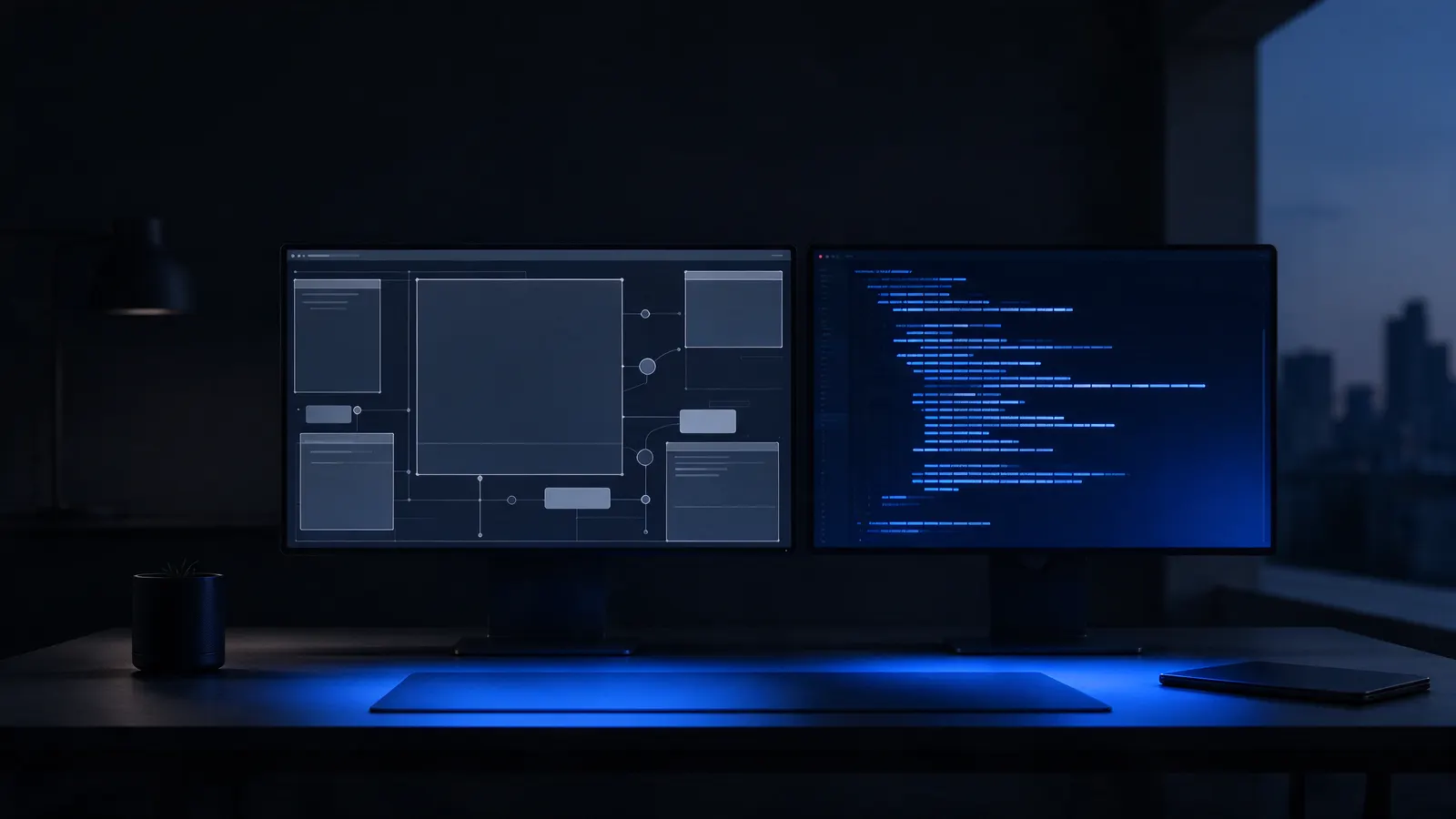 Mesa de estúdio ao entardecer com dois monitores, um com canvas de design e outro com terminal
