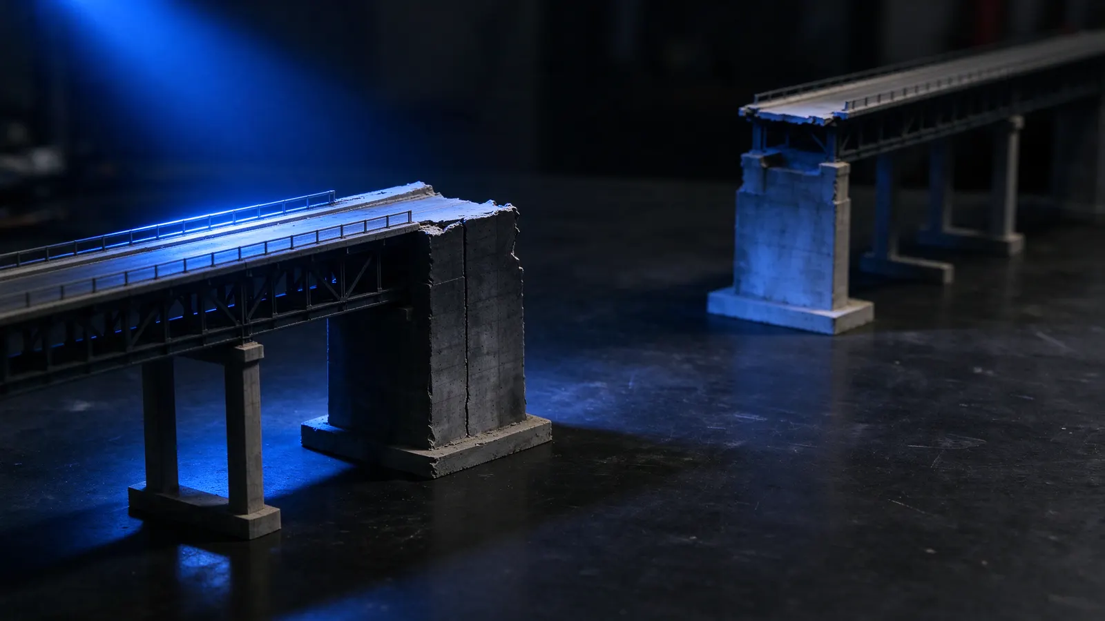 Maquete de ponte pela metade, sem o trecho do meio