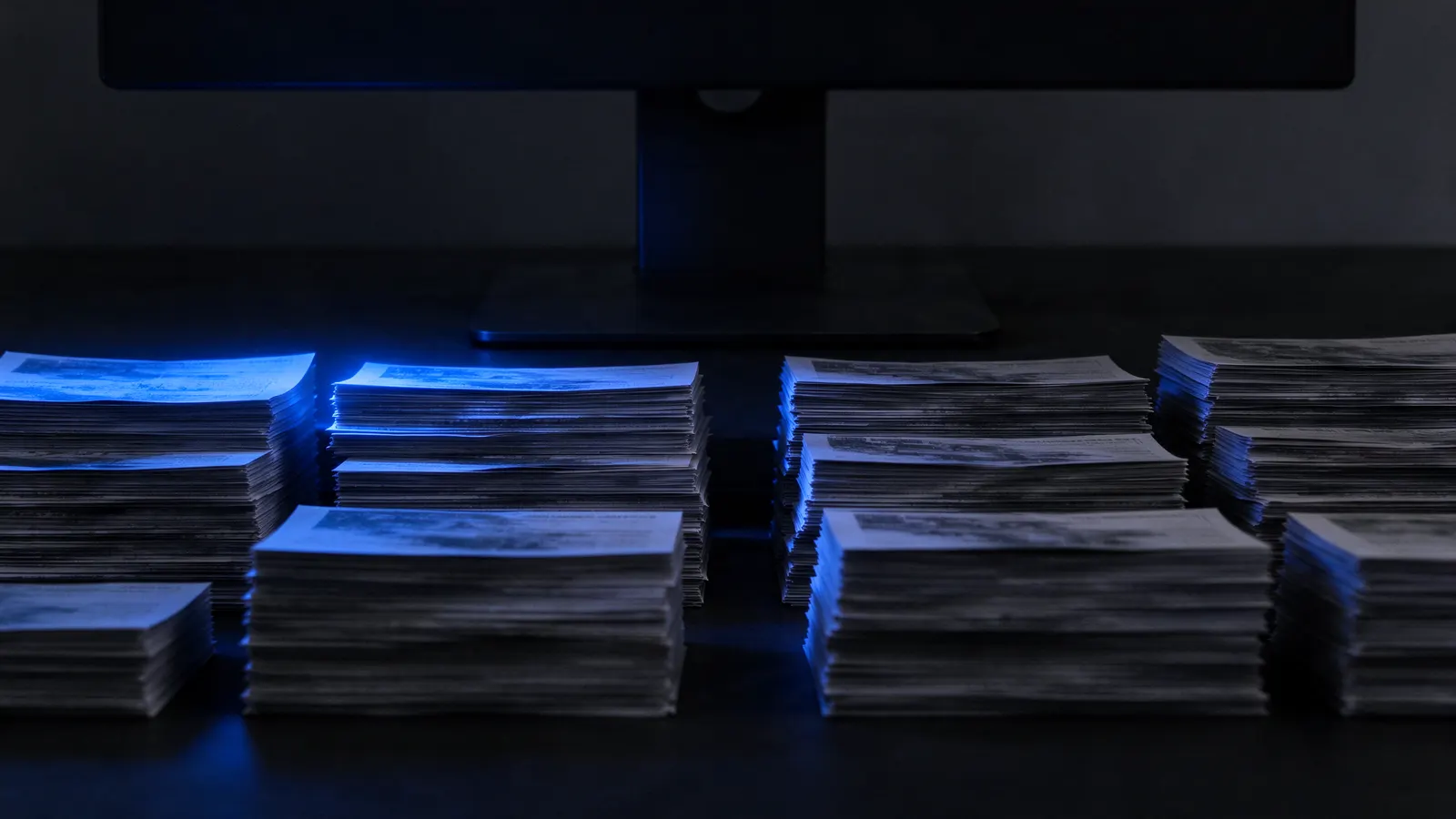 Pilhas de papéis sobre uma mesa escura, iluminadas por uma luz azul lateral, em frente à base de um monitor