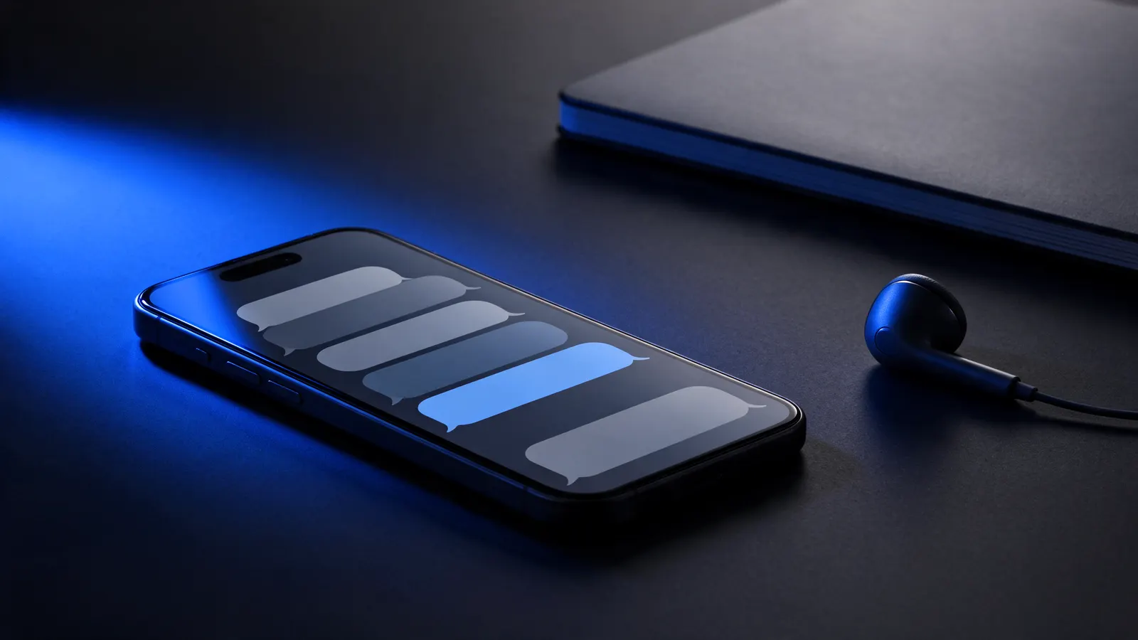 Celular deitado sobre uma mesa escura com balões de conversa acesos na tela, um fone de ouvido com fio e um caderno fechado, sob luz azul lateral