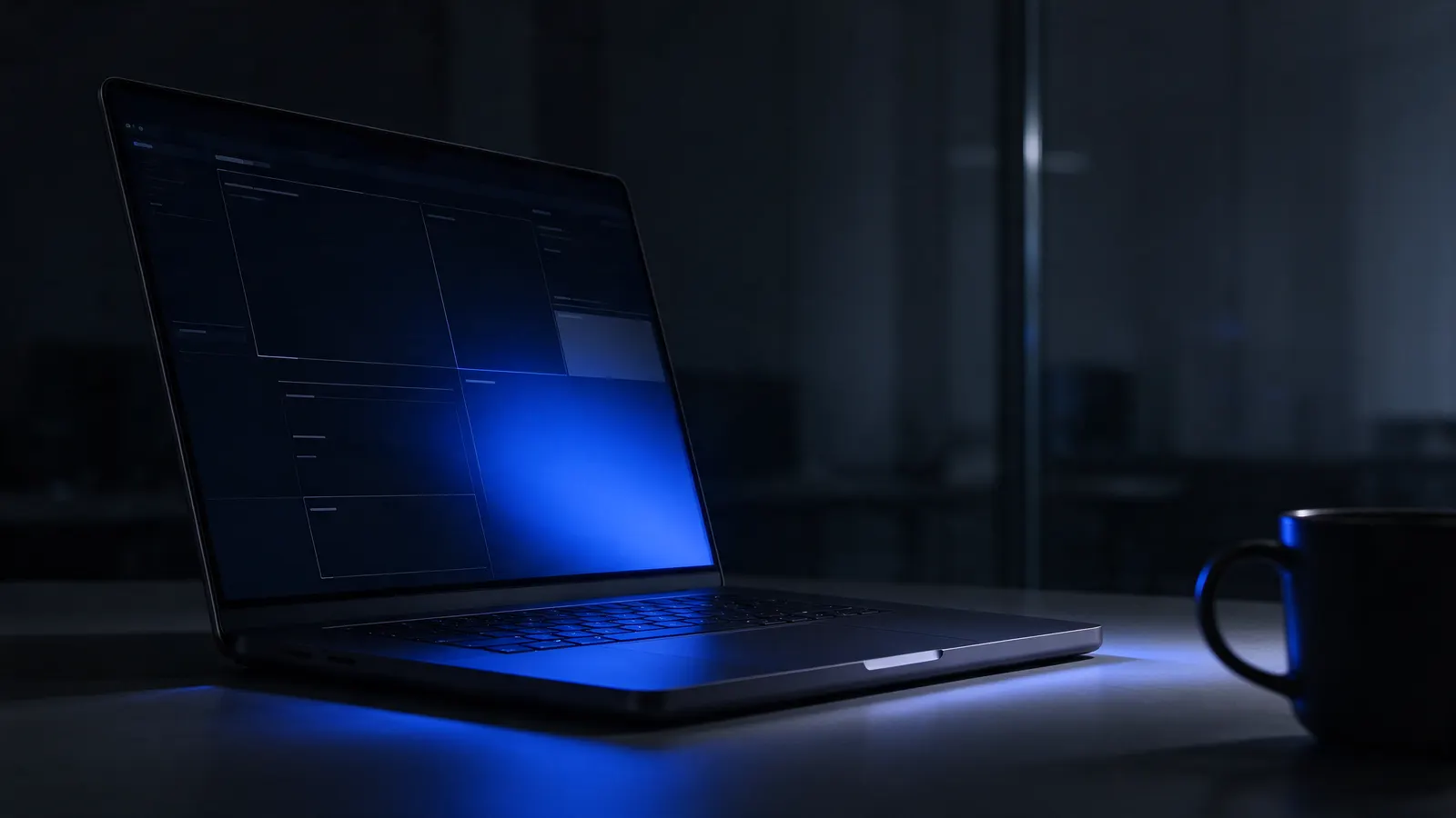 Portátil abierto en una mesa oscura, con la pantalla en luz azul mostrando el boceto de un layout en bloques, junto a una taza