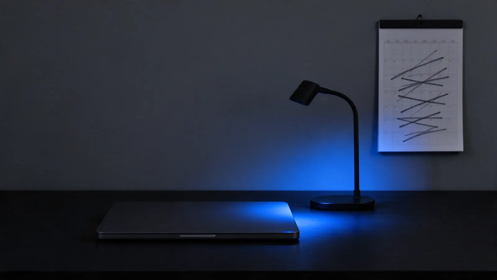 Mesa escura com um notebook fechado, uma luminária e um calendário de parede com vários dias riscados