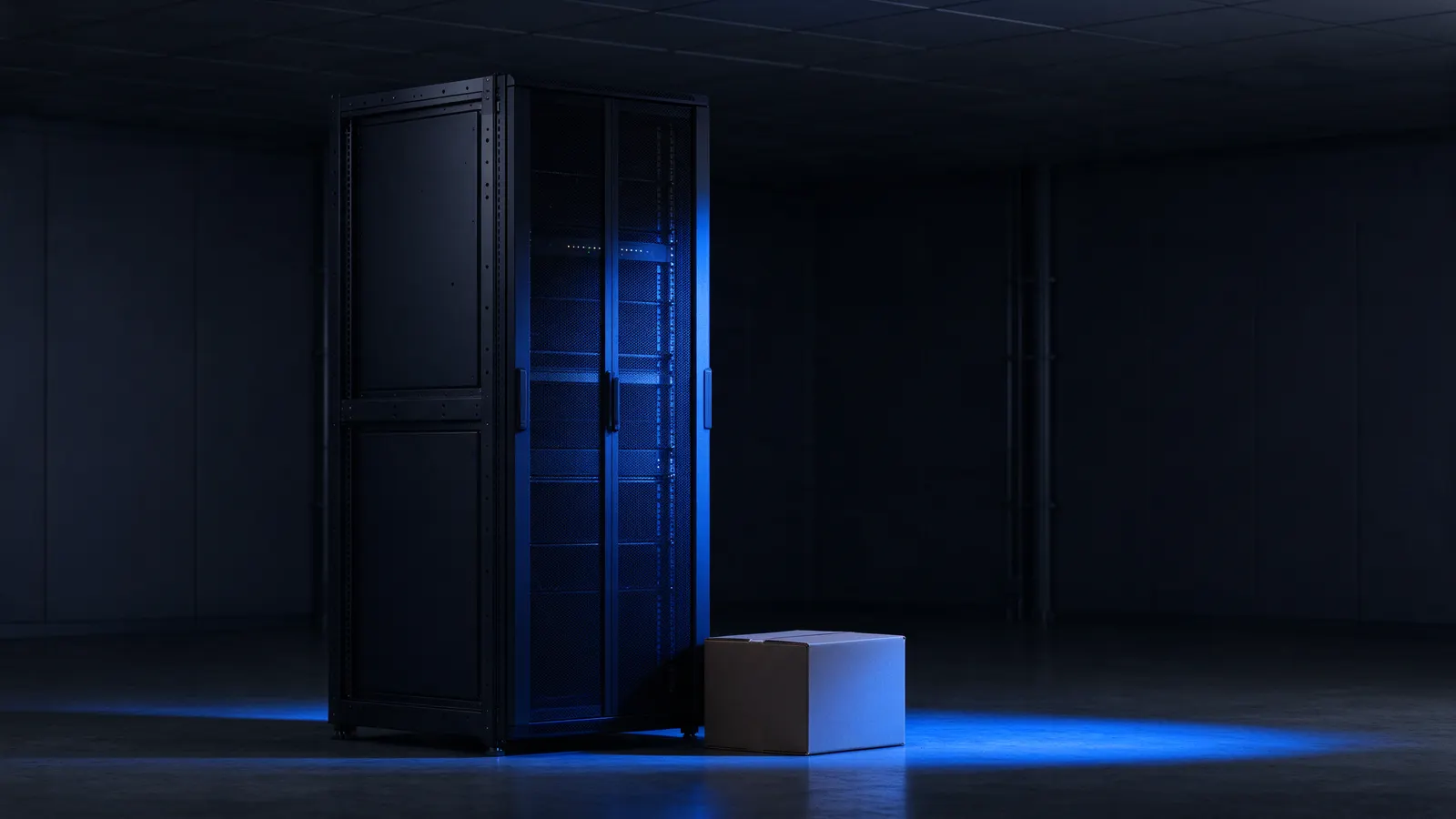 Rack de servidor sozinho numa sala escura, iluminado por uma luz azul, com uma caixa de mudança de papelão fechada ao lado