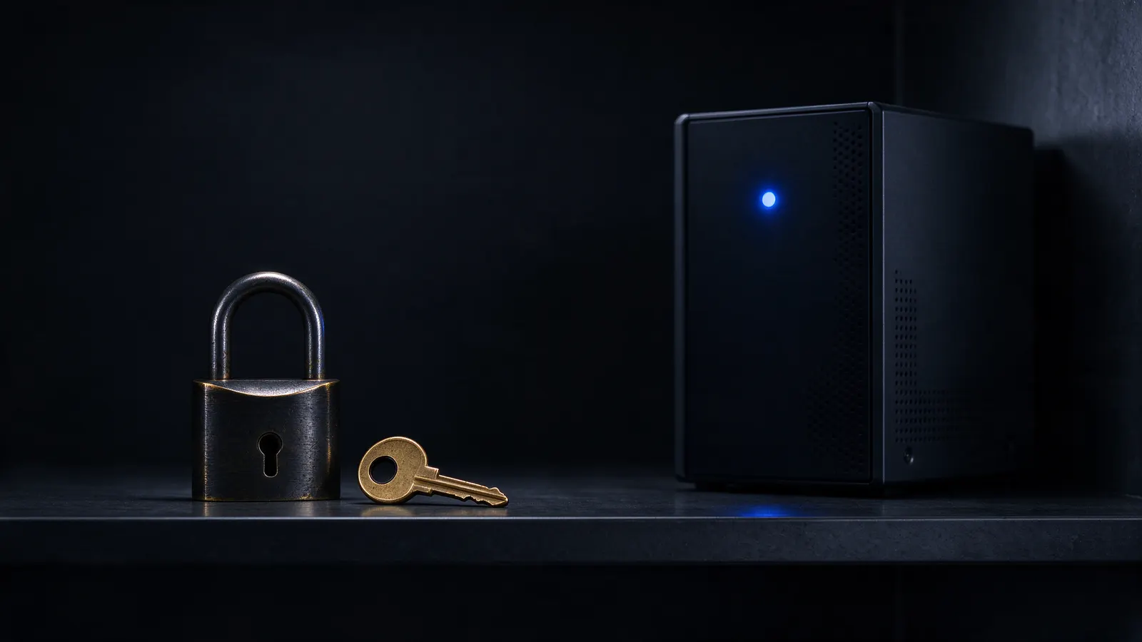 Cadeado e chave dourada sobre uma prateleira escura, ao lado de um pequeno servidor preto com uma luz azul acesa