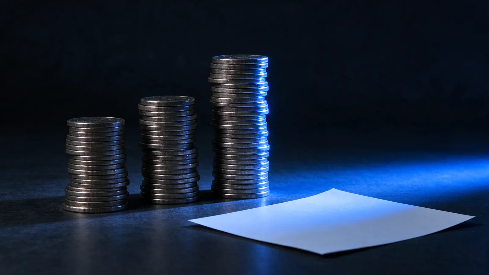 Three stacks of coins of increasing height on a dark desk, the tallest lit by blue light, next to a blank sheet of paper