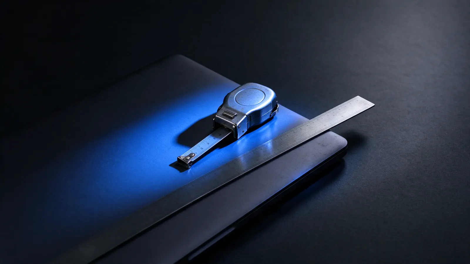 Trena metálica e régua de aço sobre um notebook fechado, iluminados por uma luz azul lateral