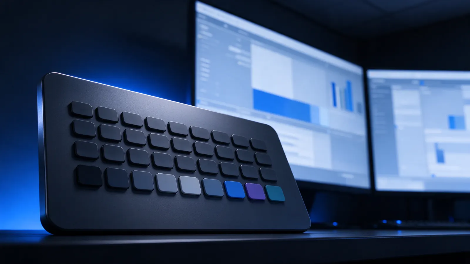 Painel escuro com teclas quadradas em tons de cinza, azul e roxo sobre uma mesa, com dois monitores de gráficos ao fundo