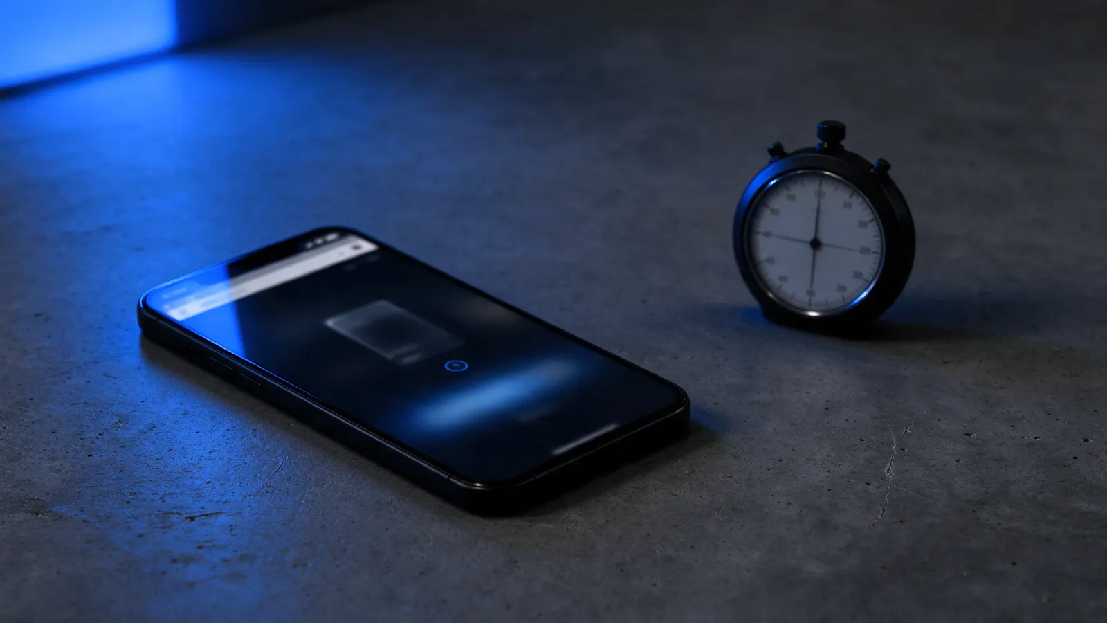 Celular sobre uma mesa de concreto escuro com uma página carregando na tela, ao lado de um cronômetro, sob luz azul
