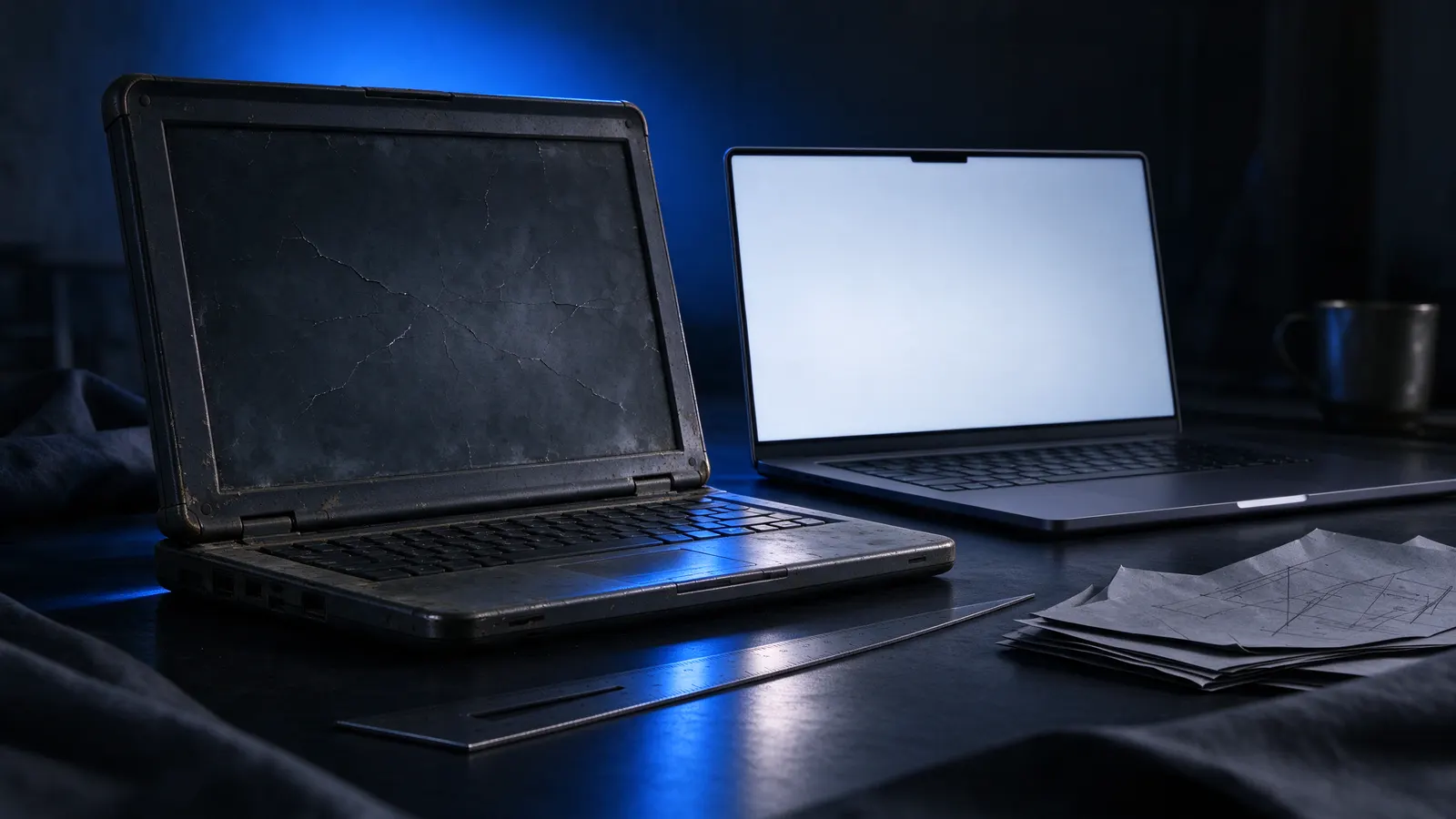 Notebook antigo com a tela rachada ao lado de um notebook novo com a tela acesa, sobre uma mesa escura com régua metálica e papéis com esboços, sob luz azul