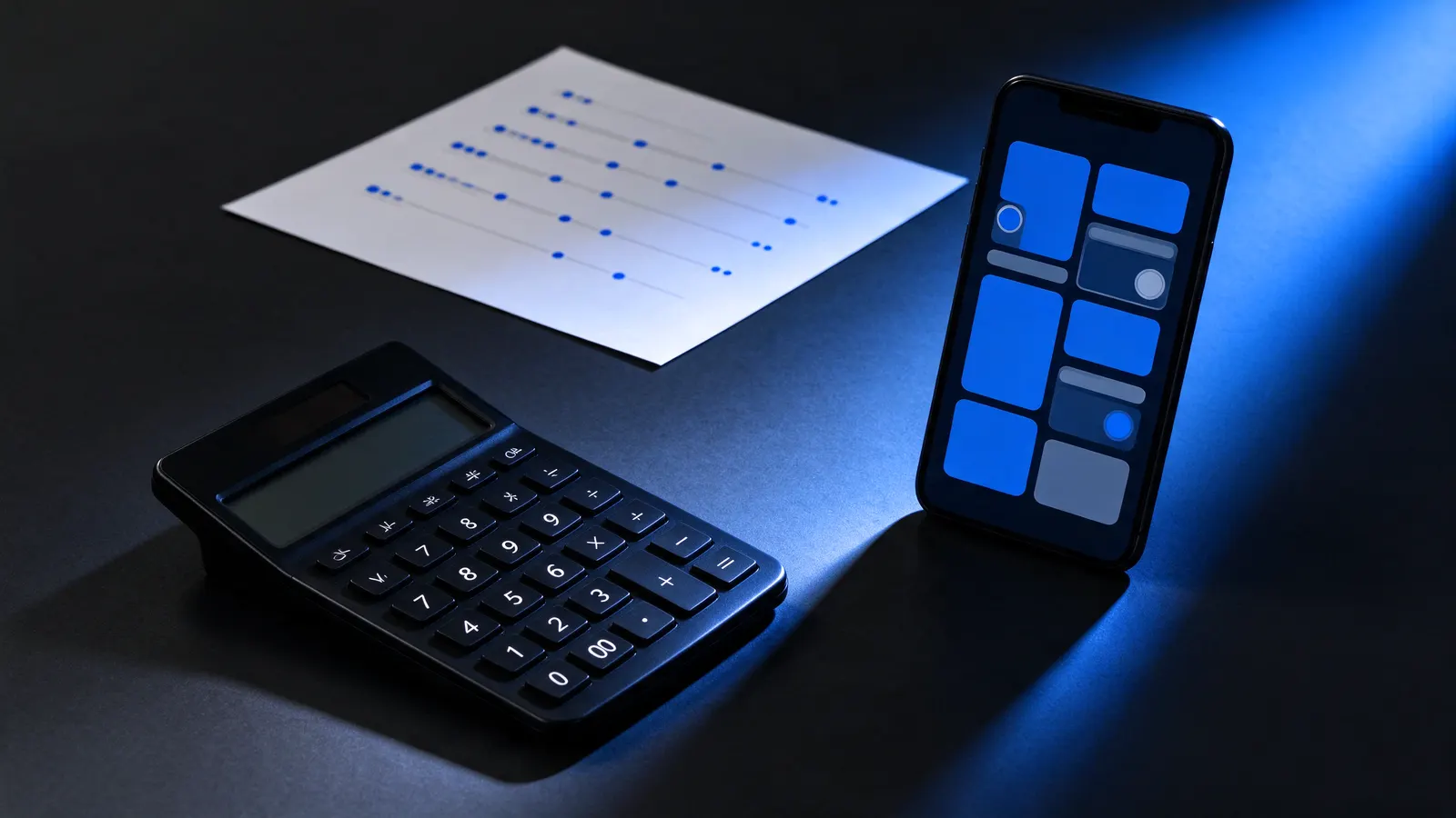 Calculadora, folha com seis linhas numeradas e celular com protótipo de app