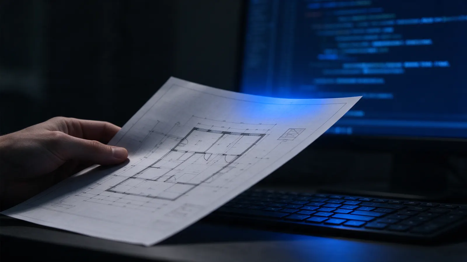 Mão segurando uma planta de arquitetura sobre um teclado, com código ao fundo