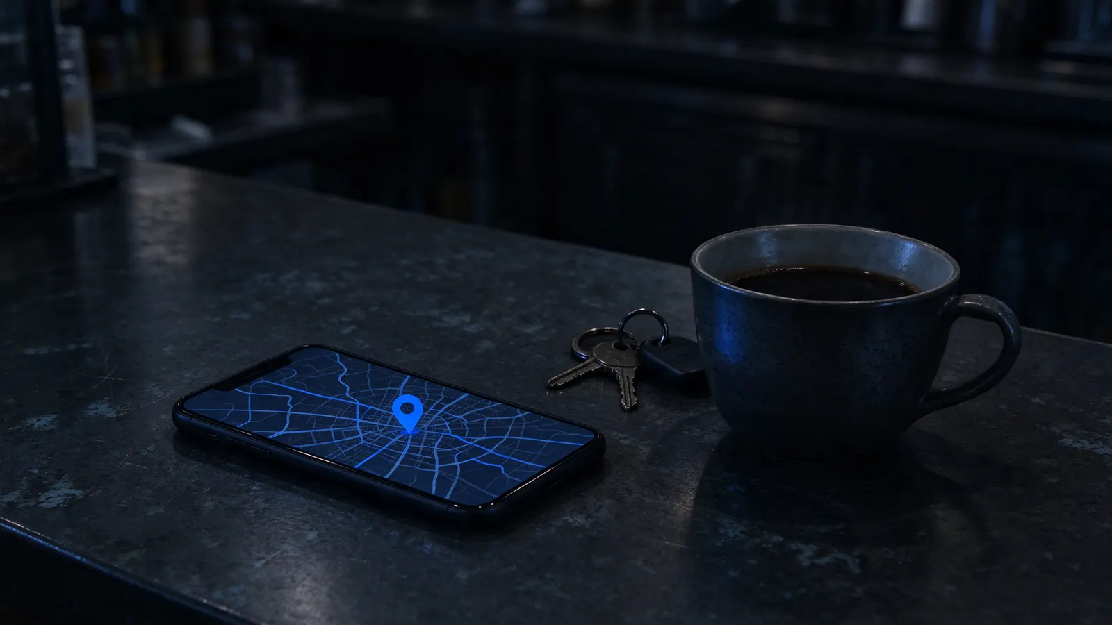Celular sobre um balcão de pedra escura mostrando um mapa de ruas em azul com um único marcador de localização, ao lado de um molho de chaves e uma xícara de café