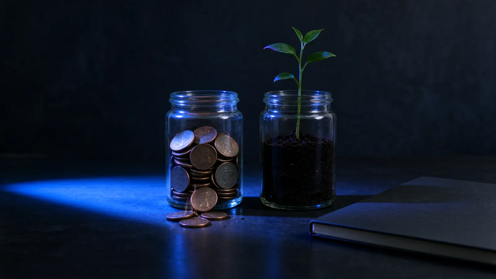 Dois potes de vidro sobre uma mesa escura sob luz azul: um cheio de moedas que escapam pela base, outro com terra e uma muda verde crescendo, ao lado de um caderno preto fechado