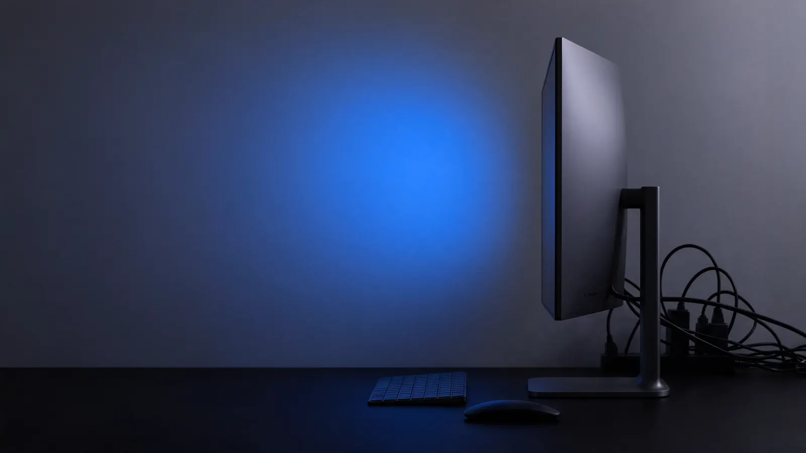 Monitor visto de lado sobre uma mesa escura, com teclado, mouse e um emaranhado de cabos atrás, diante de uma parede com luz azul