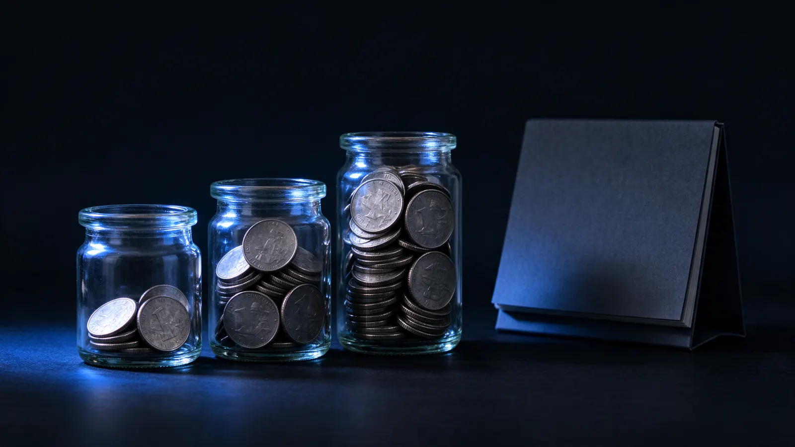 Tres frascos de vidrio con monedas, del menor al mayor, junto a un calendario de escritorio sobre una superficie oscura
